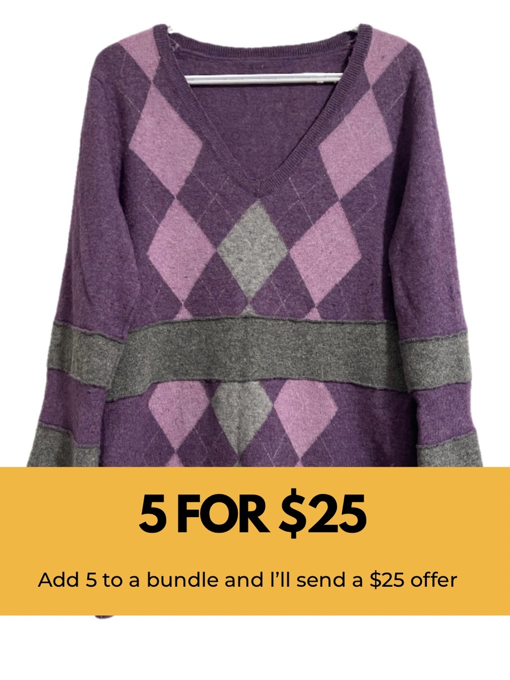 Purple Argyle V-Neck Patchwork Wool Tunic